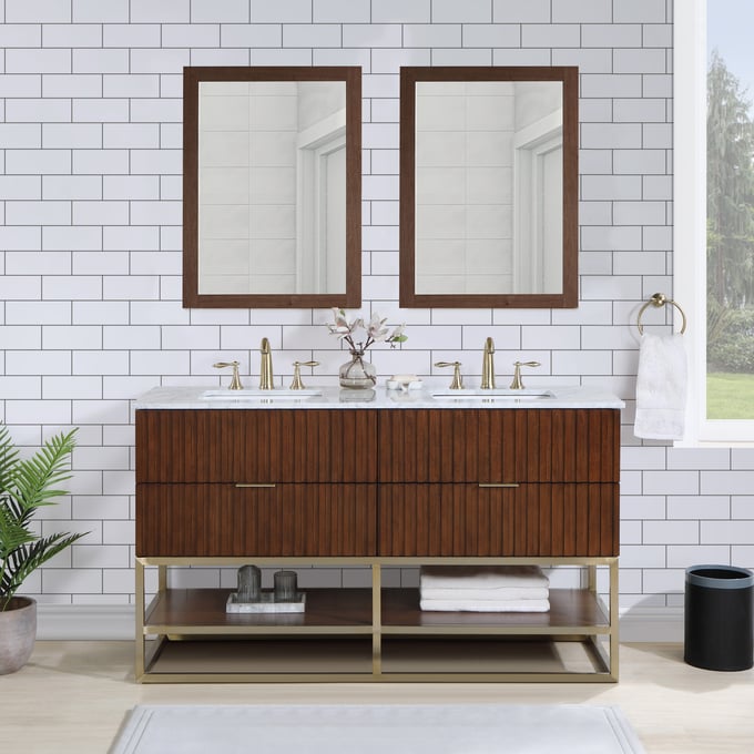 Meridian Furniture Monad Walnut Brushed Gold 60 Inch Bathroom Vanity And Mirror MRD-404WAL-60-BATH-VNT-SET