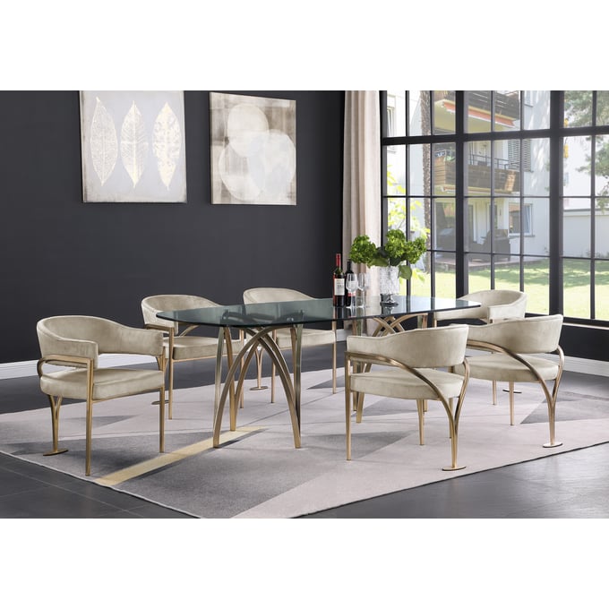 Meridian Furniture Madelyn Stone Velvet Gold 7pc Dining Room Set MRD-553-T-DR-S1