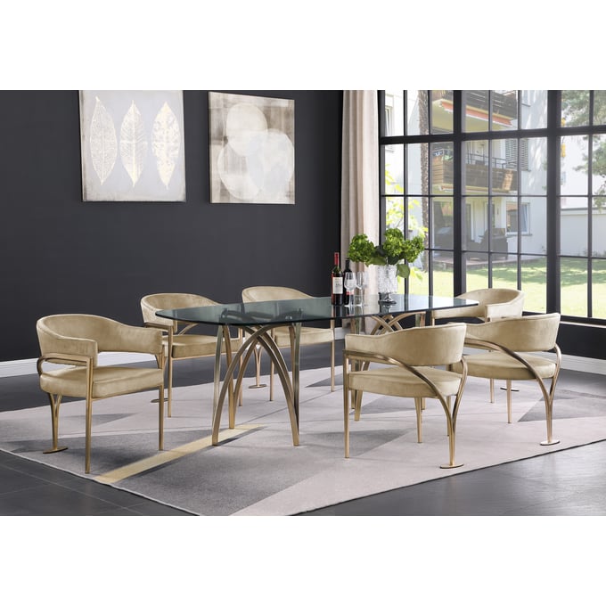 Meridian Furniture Madelyn Beige Velvet Gold 7pc Dining Room Set MRD-553-T-DR-S2