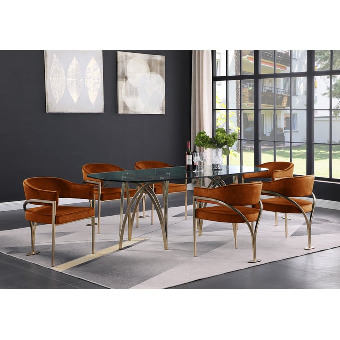 Meridian Furniture Madelyn Cognac Velvet Gold 7pc Dining Room Set MRD-553-T-DR-S4