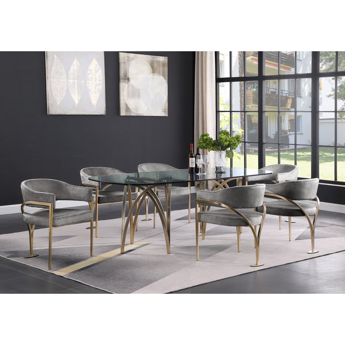 Meridian Furniture Madelyn Grey Velvet Gold 7pc Dining Room Set MRD-553-T-DR-S6