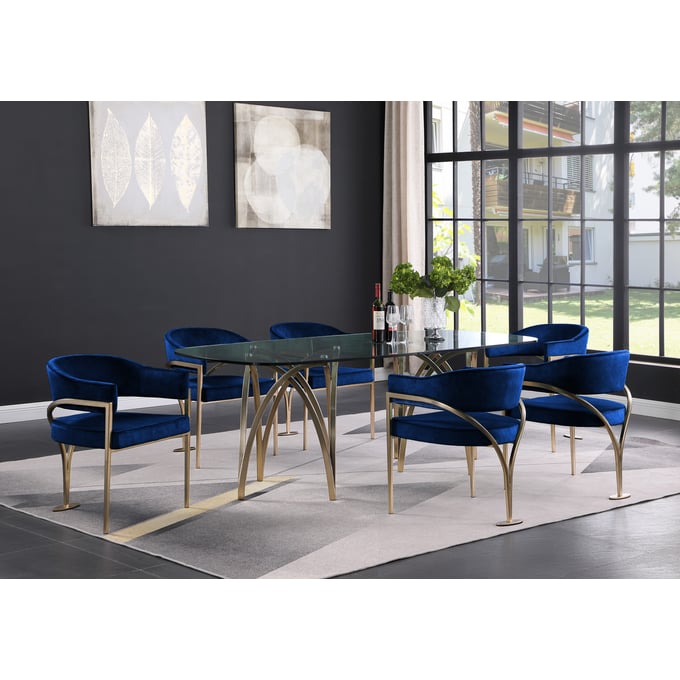 Meridian Furniture Madelyn Navy Velvet Gold 7pc Dining Room Set MRD-553-T-DR-S7