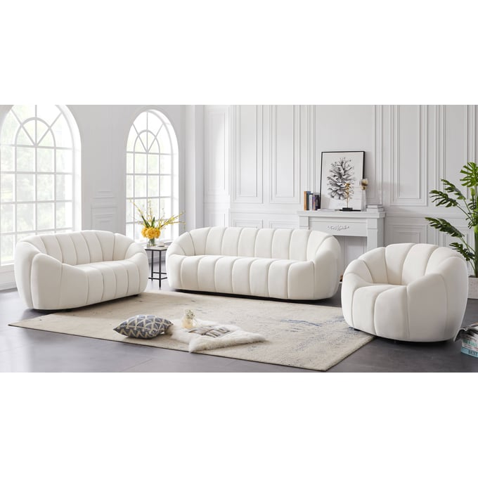 Meridian Furniture Elijah Cream Velvet 3pc Living Room Set MRD-613Cream-LR-S2