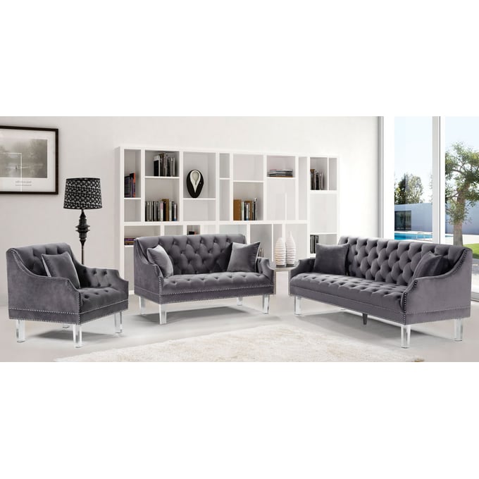 Design Edge Clermont  Grey Velvet 3pc Living Room Set DE-22781077