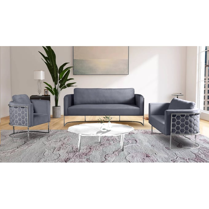 Meridian Furniture Casa Grey Velvet Chrome 3pc Living Room Set MRD-691Grey-LR-S2