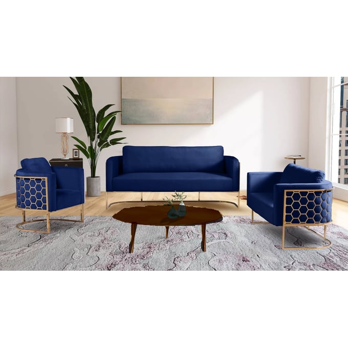 Meridian Furniture Casa Navy Velvet Gold 3pc Living Room Set MRD-692Navy-LR-S2