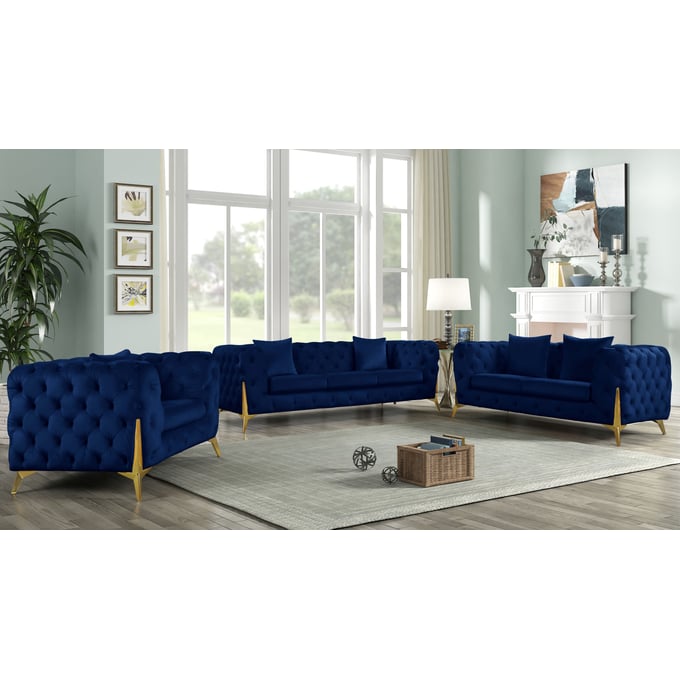 Meridian Furniture Kingdom Navy Velvet 3pc Living Room Set MRD-695Navy-LR-S2