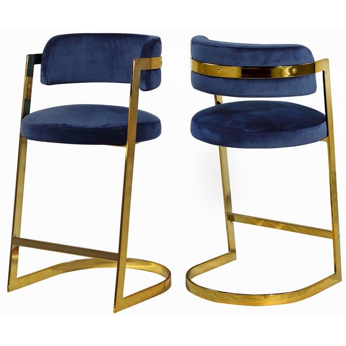 2 Meridian Furniture Stephanie Navy Velvet Gold Counter Height Stools MRD-796NAVY-C