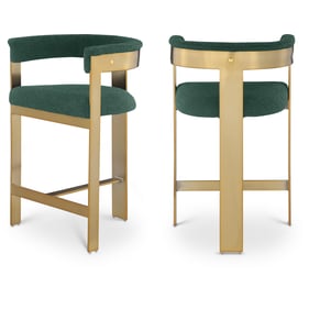 2 Meridian Furniture Romeo Green Boucle Fabric Gold Counter Height Stools