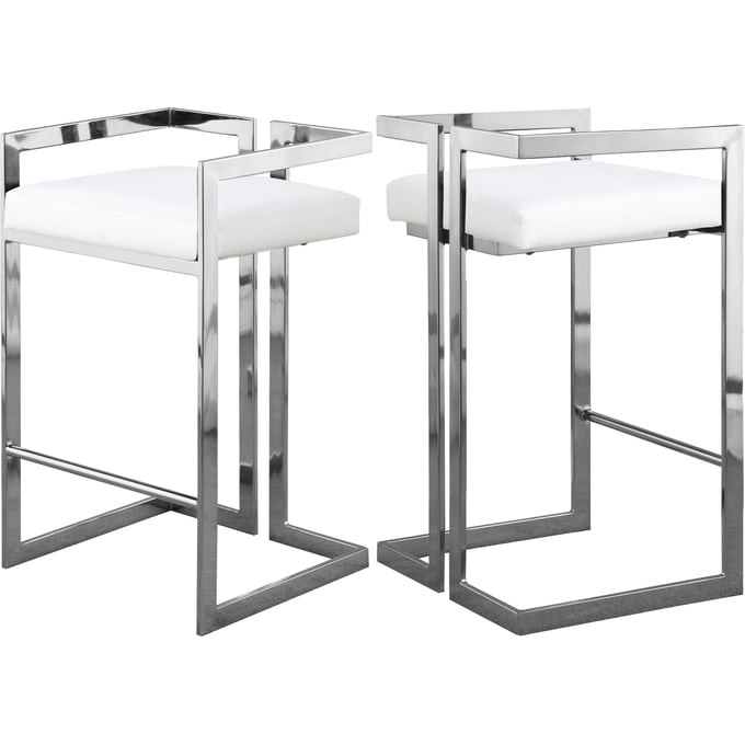 2 Meridian Furniture Ezra White Vegan Leather Chrome Counter Height Stools MRD-910WHITE-C