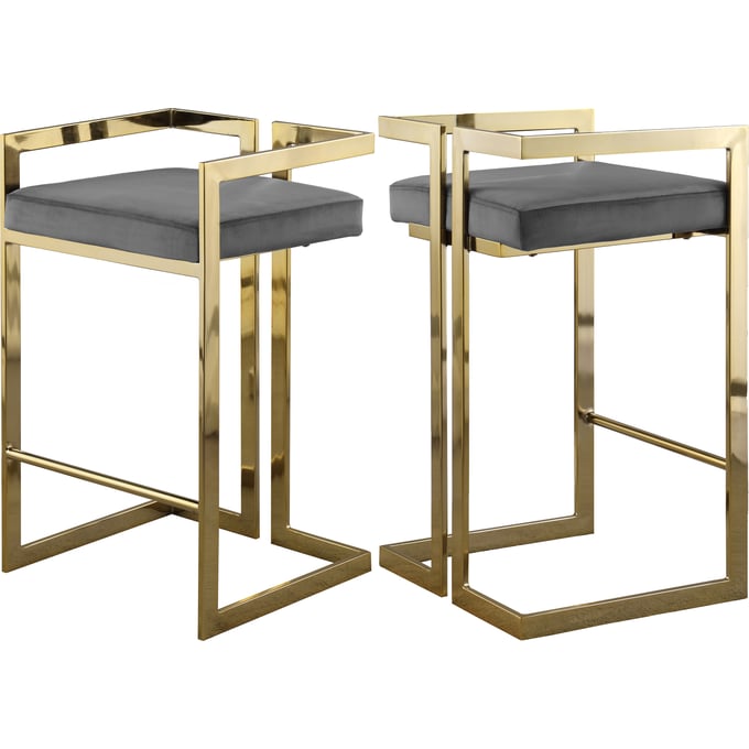 2 Meridian Furniture Ezra Grey Velvet Gold Counter Height Stools MRD-912GREY-C