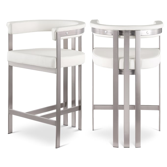 2 Meridian Furniture Marcello Cream Leather Brushed Silver Counter Height Stools MRD-939CREAM-C