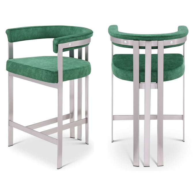 2 Meridian Furniture Marcello Green Velvet Brushed Silver Counter Height Stools MRD-939GREEN-C