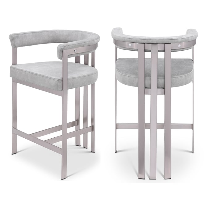 2 Meridian Furniture Marcello Grey Velvet Brushed Silver Counter Height Stools MRD-939GREY-C