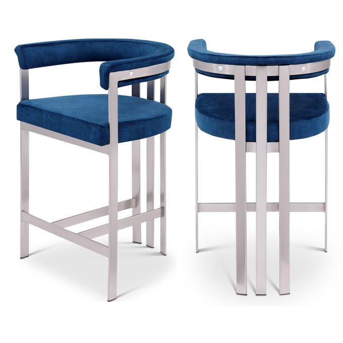 2 Meridian Furniture Marcello Navy Velvet Brushed Silver Counter Height Stools MRD-939NAVY-C