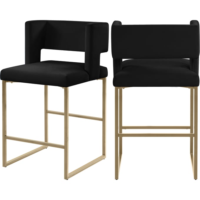 2 Meridian Furniture Caleb Black Velvet Gold Counter Height Stools MRD-969BLACK-C