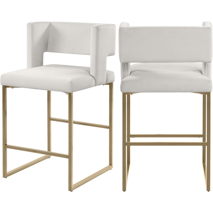 2 Meridian Furniture Caleb Cream Velvet Gold Counter Height Stools MRD-969CREAM-C