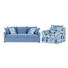 New Classic Furniture Sylvie Blue Slate White 2pc Sofa and Swivel Chair