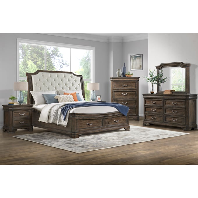 New Classic Furniture Lyndhurst Walnut Brown 6pc Queen Bedroom Set B-DR-MR-CH-2NS NCF-00-493B-36N