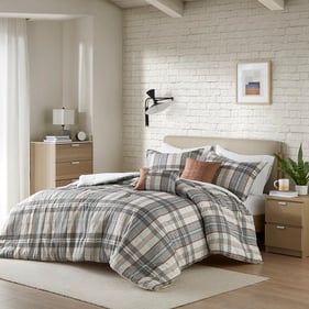 Olliix Intelligent Design Blake Tan Gray Full Queen Plaid Comforter Set