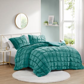 Olliix Intelligent Design Velvet Dream Puff Teal Twin 2pc Comforter Set