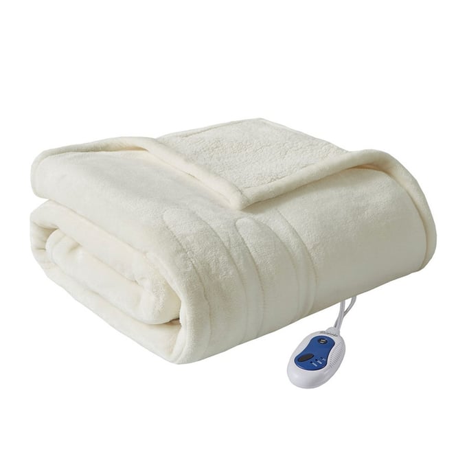 Olliix Beautyrest Heated Microlight To Berber Ivory Throw The