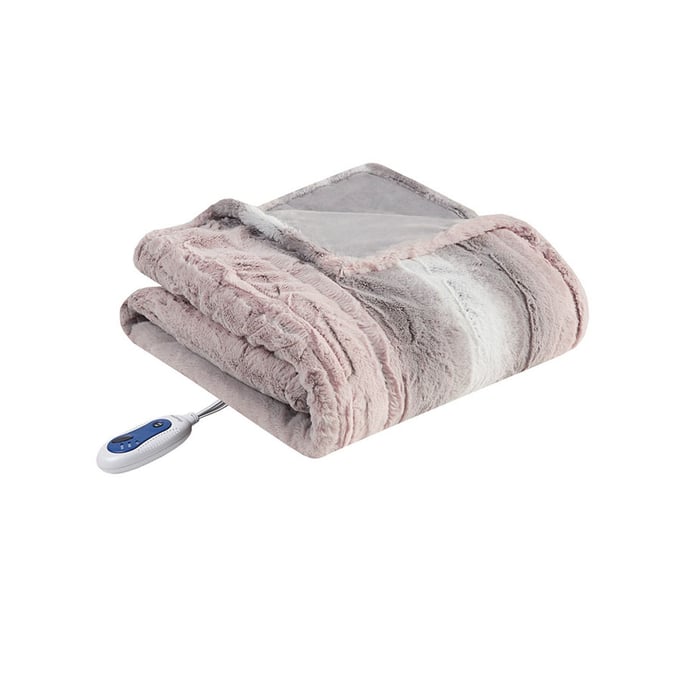 Olliix Beautyrest Zuri Blush Grey Oversized Faux Fur Heated Throw OLIX-BR54-2863