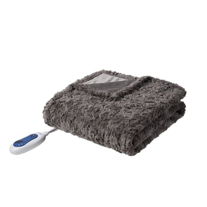 Olliix Beautyrest Zuri Dark Grey Oversized Faux Fur Heated Throw OLIX-BR54-4181