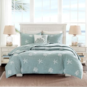 Olliix Harbor House Seaside Aqua King Cal King 4pc Cotton Reversible Embroi...