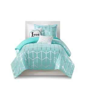 Olliix Intelligent Design Raina Aqua Silver Twin Twin XL Metallic Printed C...