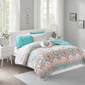 Olliix Intelligent Design Vinnie Aqua Queen Boho Comforter Set with Bed She...