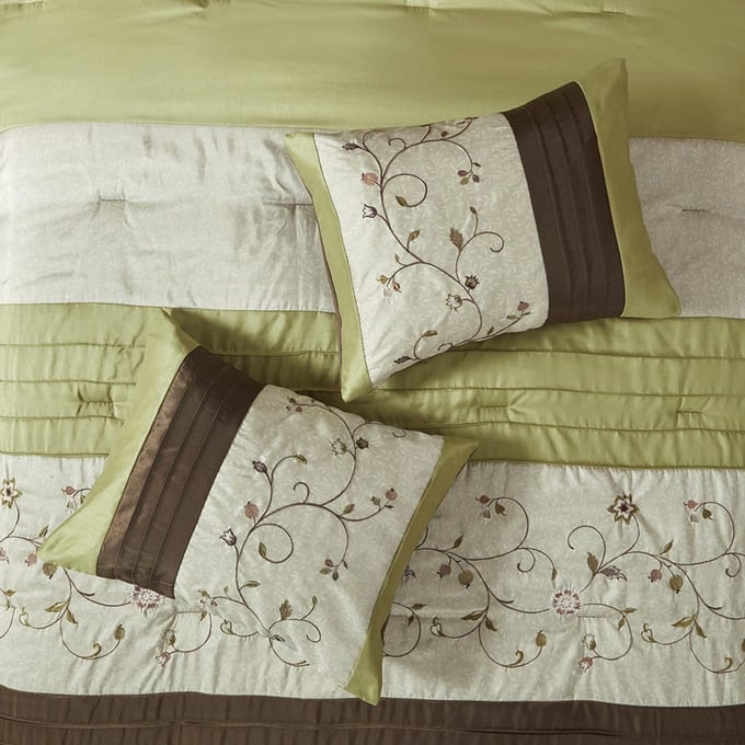Olliix Madison Park Serene Green Queen Embroidered 7pc Comforter