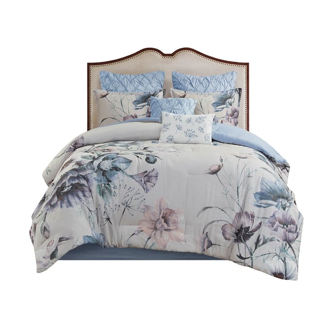 Olliix Madison Park Cassandra Blue Queen 8pc Cotton Printed Comforter Set OLIX-MP10-7834