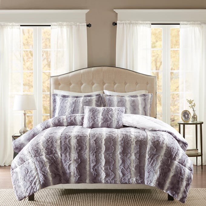 Olliix Madison Park Zuri Grey Twin 3pc Faux Fur Comforter Set OLIX-MP10-8011