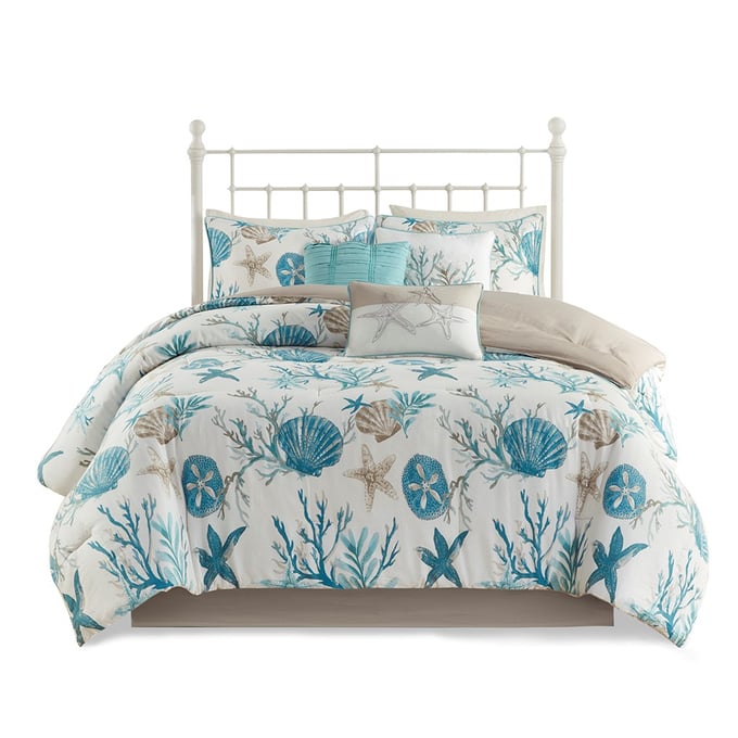 Olliix Madison Park Pebble Beach Aqua Queen 7pc Cotton Sateen Comforter Set OLIX-MP10-8072