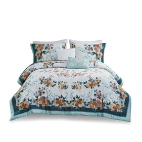 Olliix Madison Park Jules Teal Full Queen 5pc Cotton Floral Comforter Set