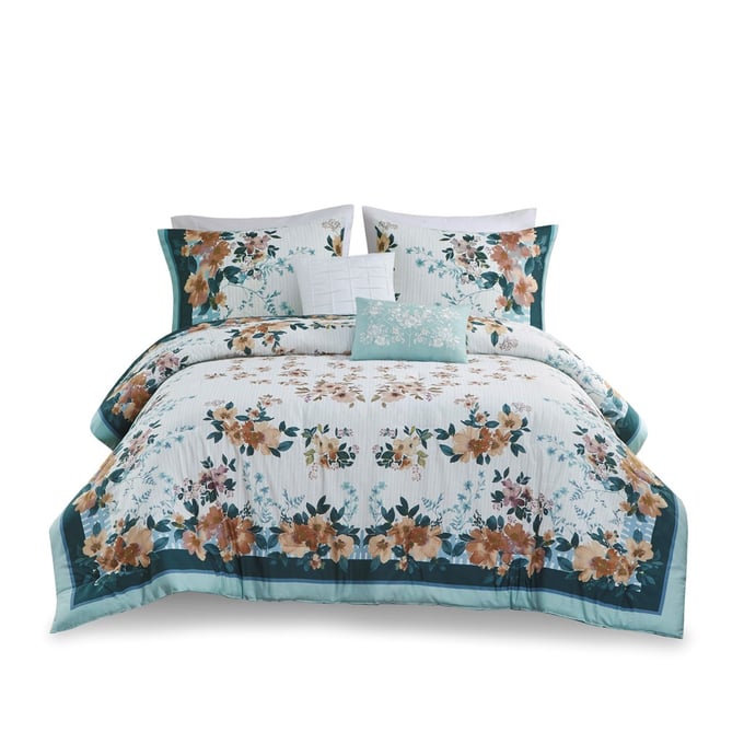 Olliix Madison Park Jules Teal Full Queen 5pc Cotton Floral Comforter Set OLIX-MP10-8207