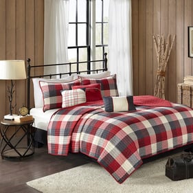 Olliix Madison Park Ridge Red Full Queen 6pc Printed Herringbone Quilt Set