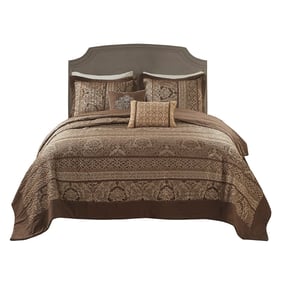 Olliix Madison Park Bellagio Brown Gold Queen 5pc Reversible Jacquard Bedsp...