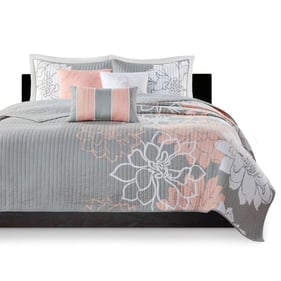 Olliix Madison Park Lola Grey Peach Full Queen 6pc Printed Cotton Quilt Set