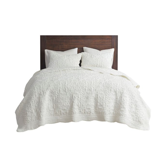 Olliix Madison Park Aster Ivory Full Queen 3pc Embroidered Faux Fur Coverlet Set OLIX-MP13-7639