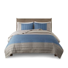 Olliix Madison Park Blake Taupe Blue Full Queen 3pc Quilt Set