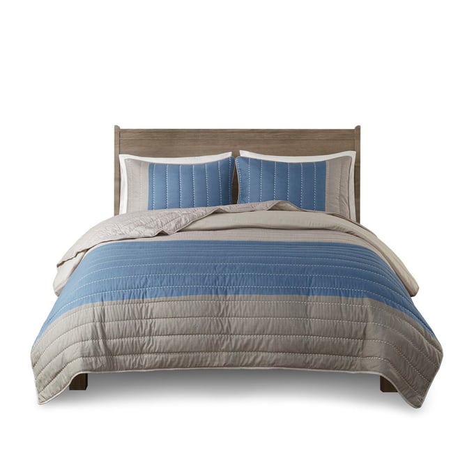 Olliix Madison Park Blake Taupe Blue Full Queen 3pc Quilt Set OLIX-MP13-8132