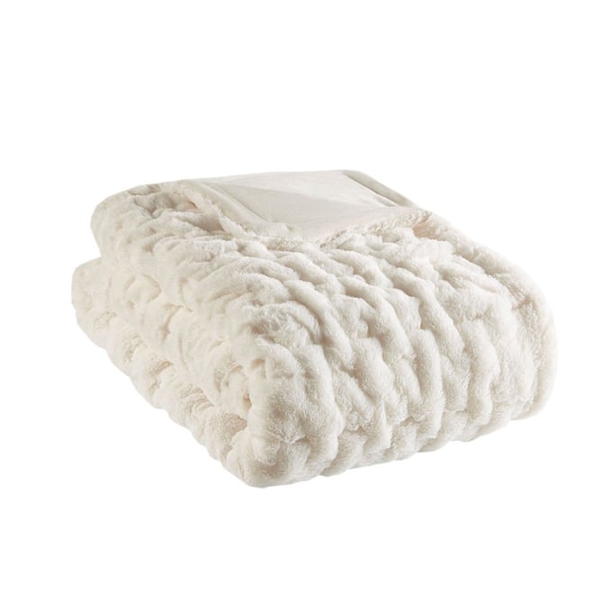 Olliix Madison Park Ruched Fur Ivory Throw OLIX-MP50-3091