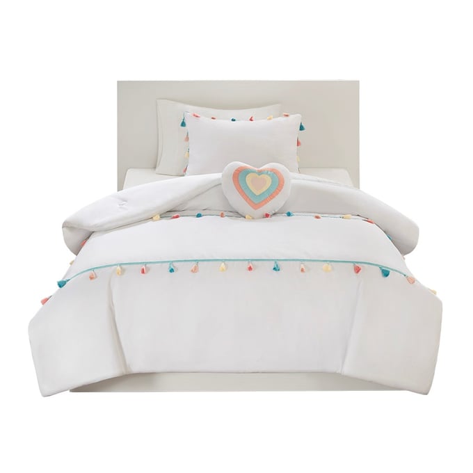 Olliix Mi Zone Kids Tessa White Full Queen Comforter Set with Heart Shaped Throw Pillow OLIX-MZK10-169