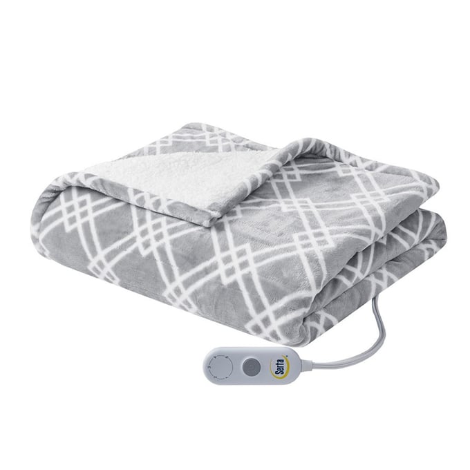 Olliix Serta Printed Plush Grey Heated Throw OLIX-ST54-0145