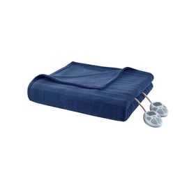 Olliix Serta Ribbed Micro Fleece Navy Twin Heated Blanket