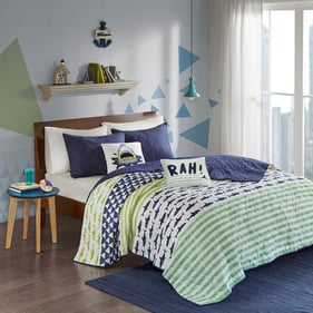 Olliix Urban Habitat Kids Finn Green Navy Full Queen Quilt Set with Throw P...