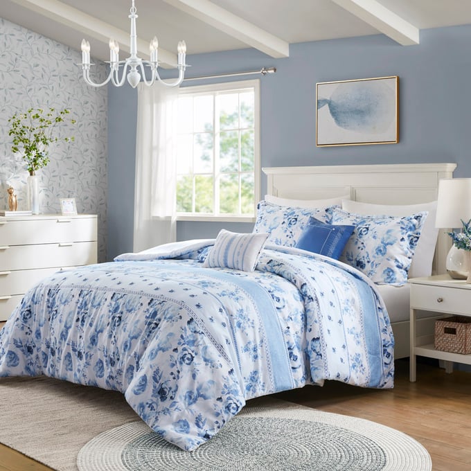 Olliix Intelligent Design Christa Blue Full Queen Floral Striped Comforter Set OLIX-ID10-2327