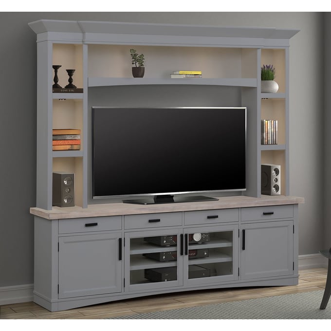 Parker House Americana Modern Gray 92 Inch TV Console With Hutch And LED Lights PKH-AME92-3-DOV